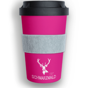 Schwarzwald Trinkbecher toGo 400 ml mit Hirschmotiv, Mehrweg, nachhaltig inkl. Hitzeschutz, pink