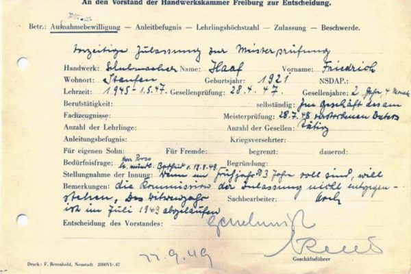 Ausnahmebewilligung zur Meisterprüfung von Fritz Haaf